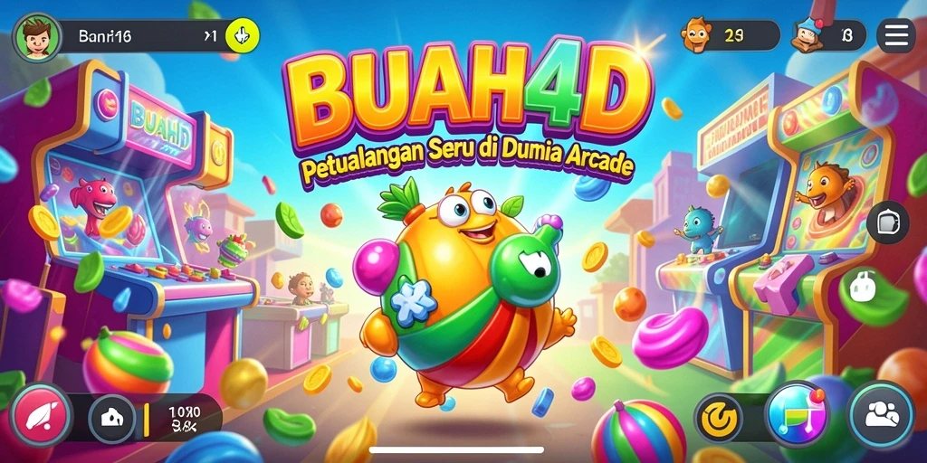 Screenshot BUAH4D menampilkan karakter mengumpulkan buah di arena warna-warni.