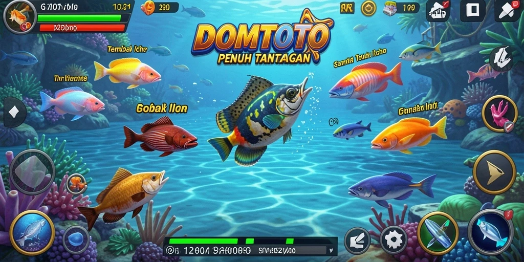 Screenshot gameplay dari DOMTOTO dengan ikan yang berwarna-warni.