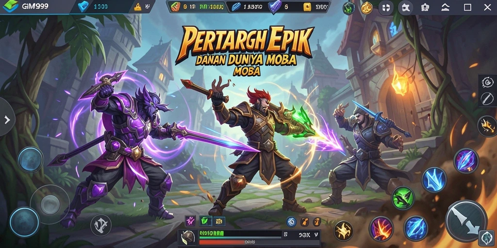 Screenshot gameplay epik GIM999 dengan pertarungan intens antar hero.