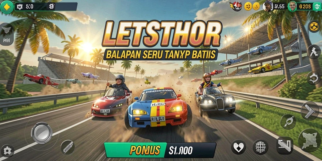 Screenshot utama LETSTHOR menampilkan duel balapan yang intens dan mendebarkan.