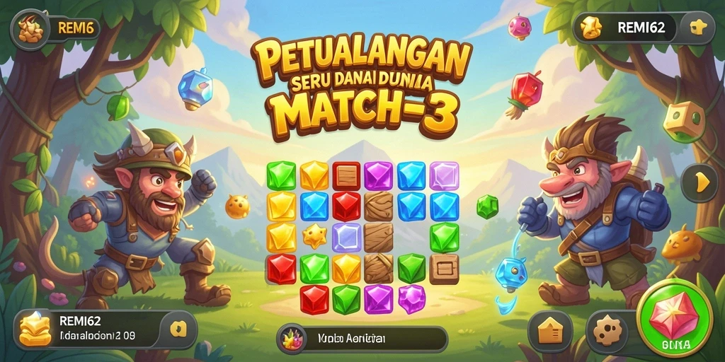 Tampilan gameplay Match-3 yang memukau dan penuh warna.