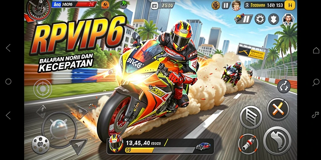 Screenshot RPVIP6 menampilkan aksi balapan motor yang mendebarkan.